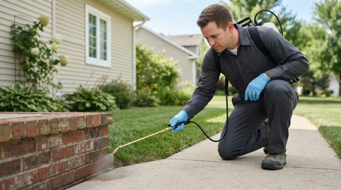 Pest control technician treating a home near Victor, IA