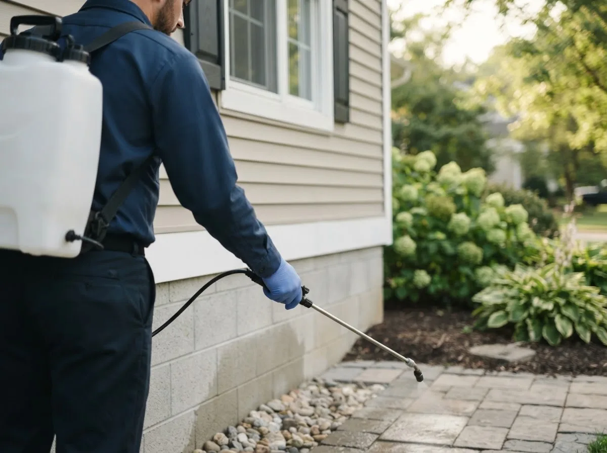 Pest control technician inspecting a home in Victor, IA